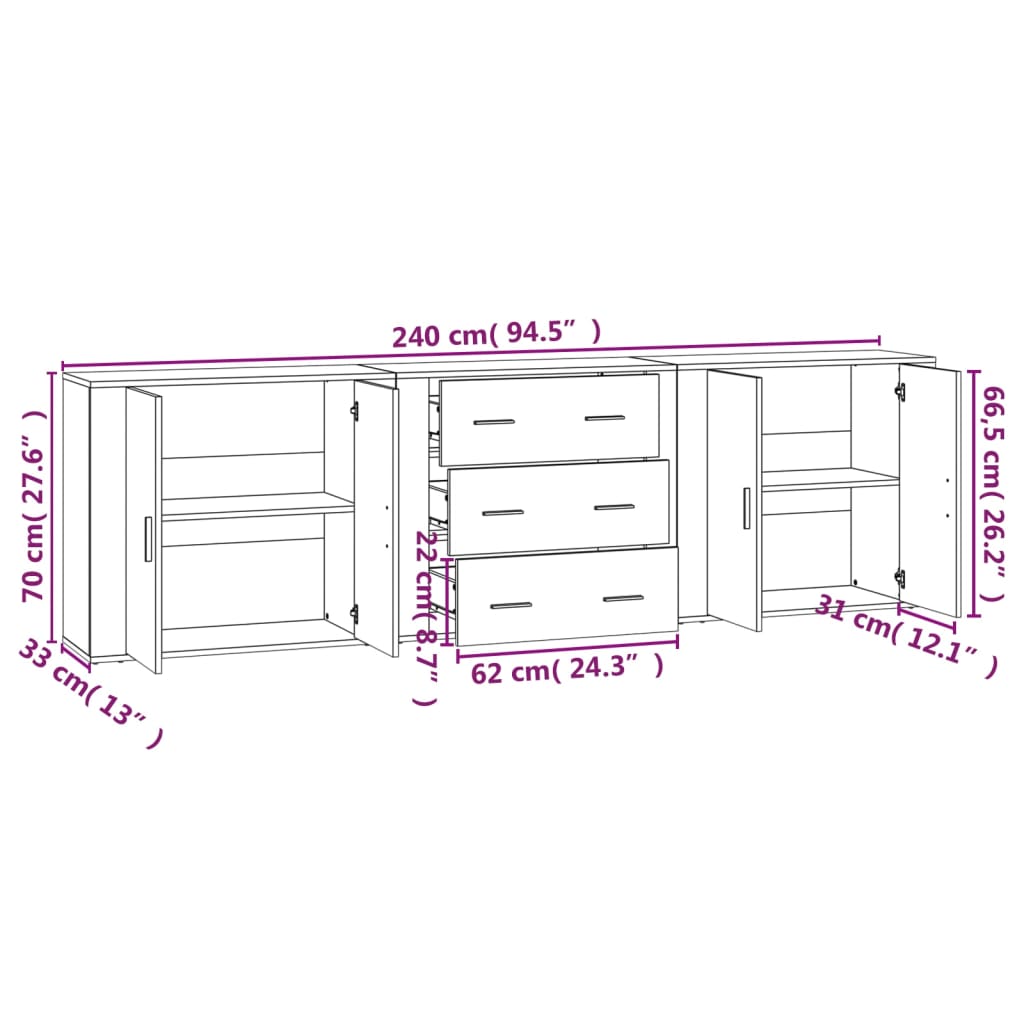 Buffets 3 pcs noir bois d'ingénierie