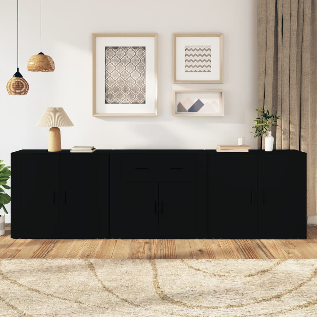 Buffets 3 pcs noir bois d'ingénierie