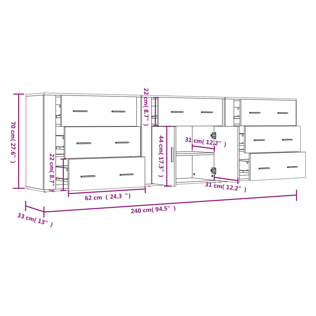 Buffets 3 pcs Blanc Bois d'ingénierie