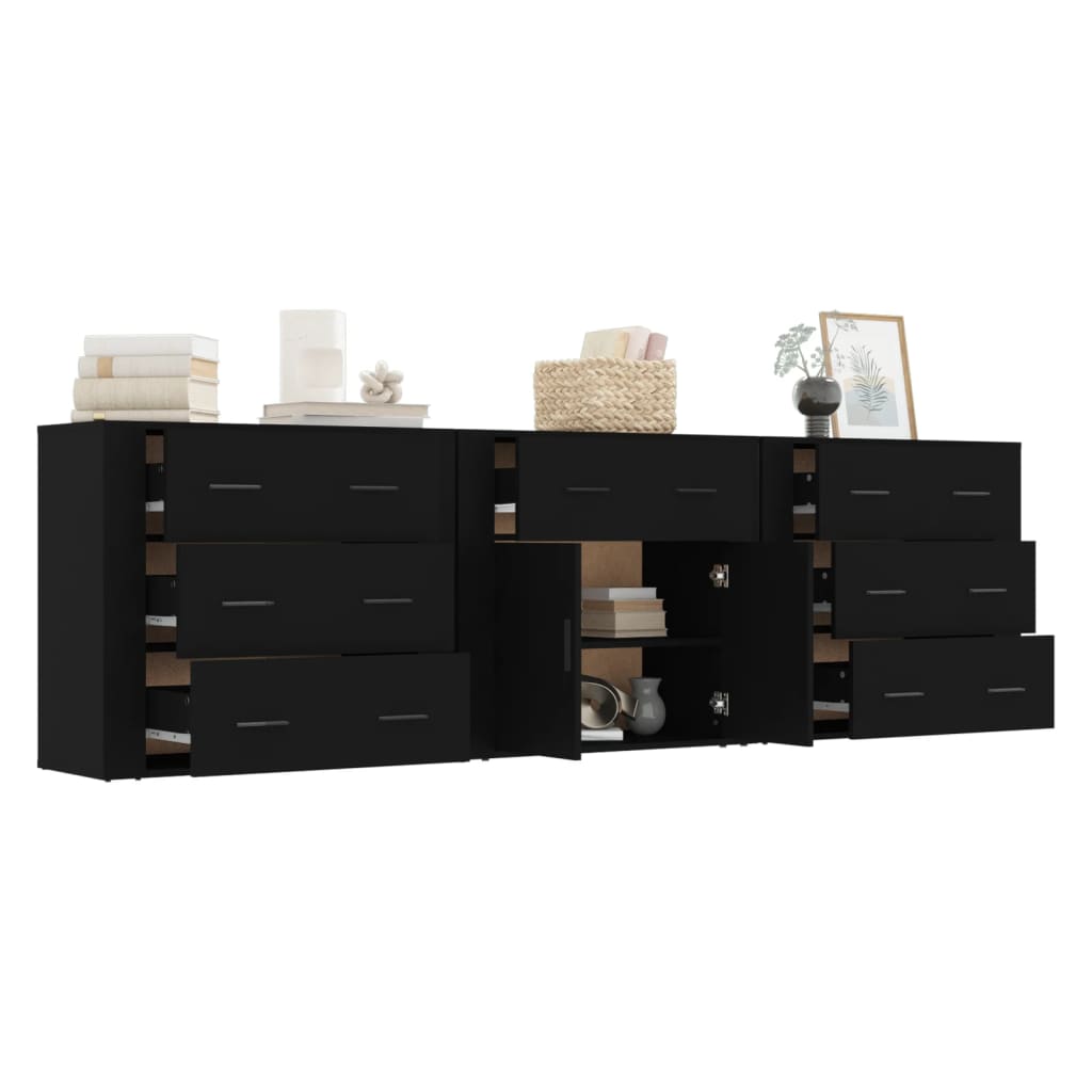 Buffets 3 pcs noir bois d'ingénierie