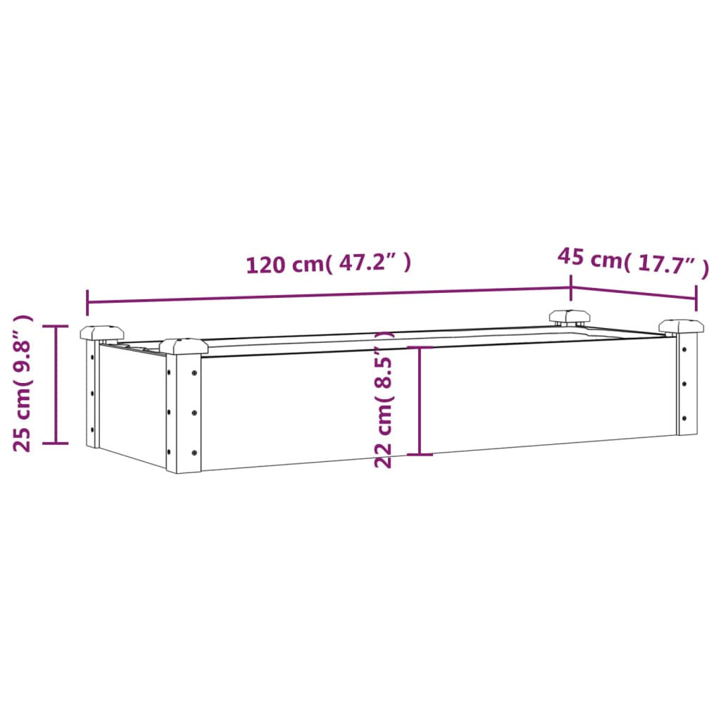 Lit surélevé de jardin doublure 120x45x25 cm bois massif sapin