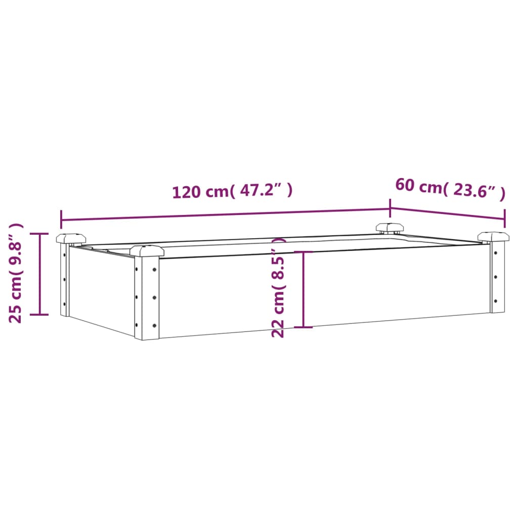 Lit surélevé de jardin doublure 120x60x25 cm bois massif sapin