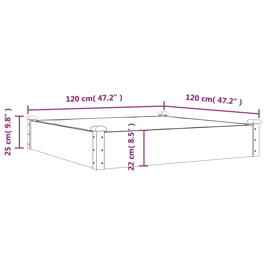 Lit surélevé de jardin doublure 120x120x25 cm bois massif sapin