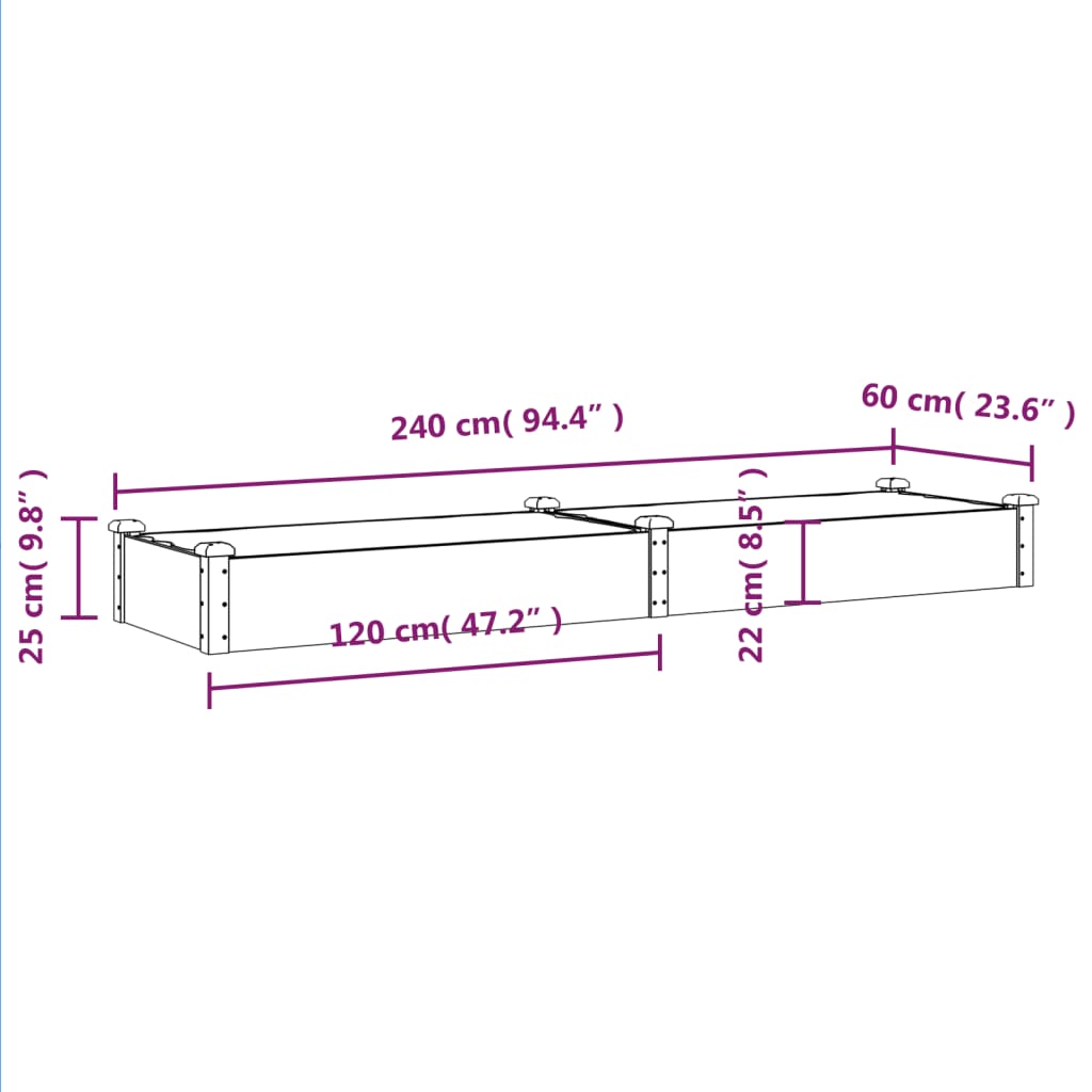 Lit surélevé de jardin doublure 240x60x25 cm bois massif sapin