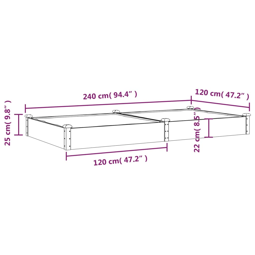 Lit surélevé de jardin doublure 240x120x25 cm bois massif sapin