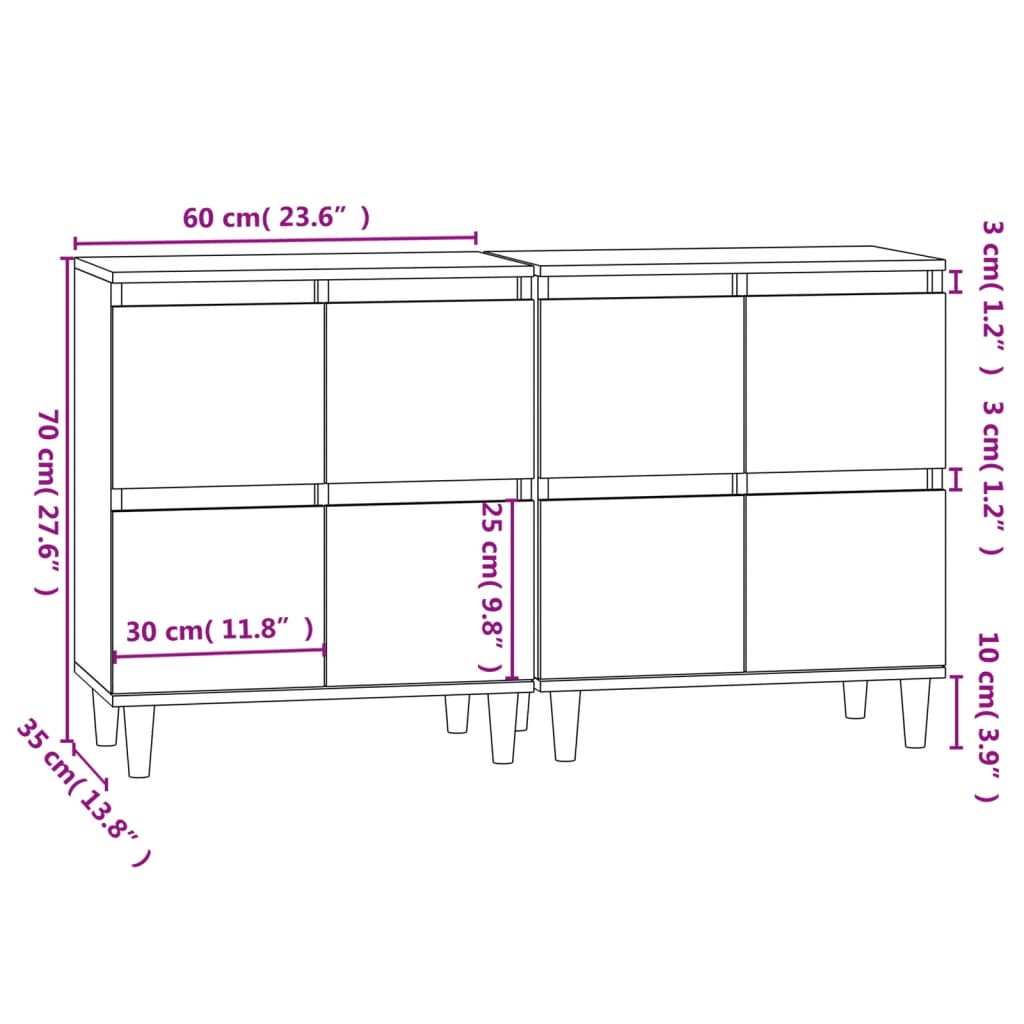 Buffets 2 pcs noir 60x35x70 cm bois d'ingénierie