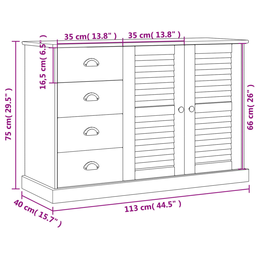 Buffet avec tiroirs VIGO 113x40x75 cm blanc bois massif de pin