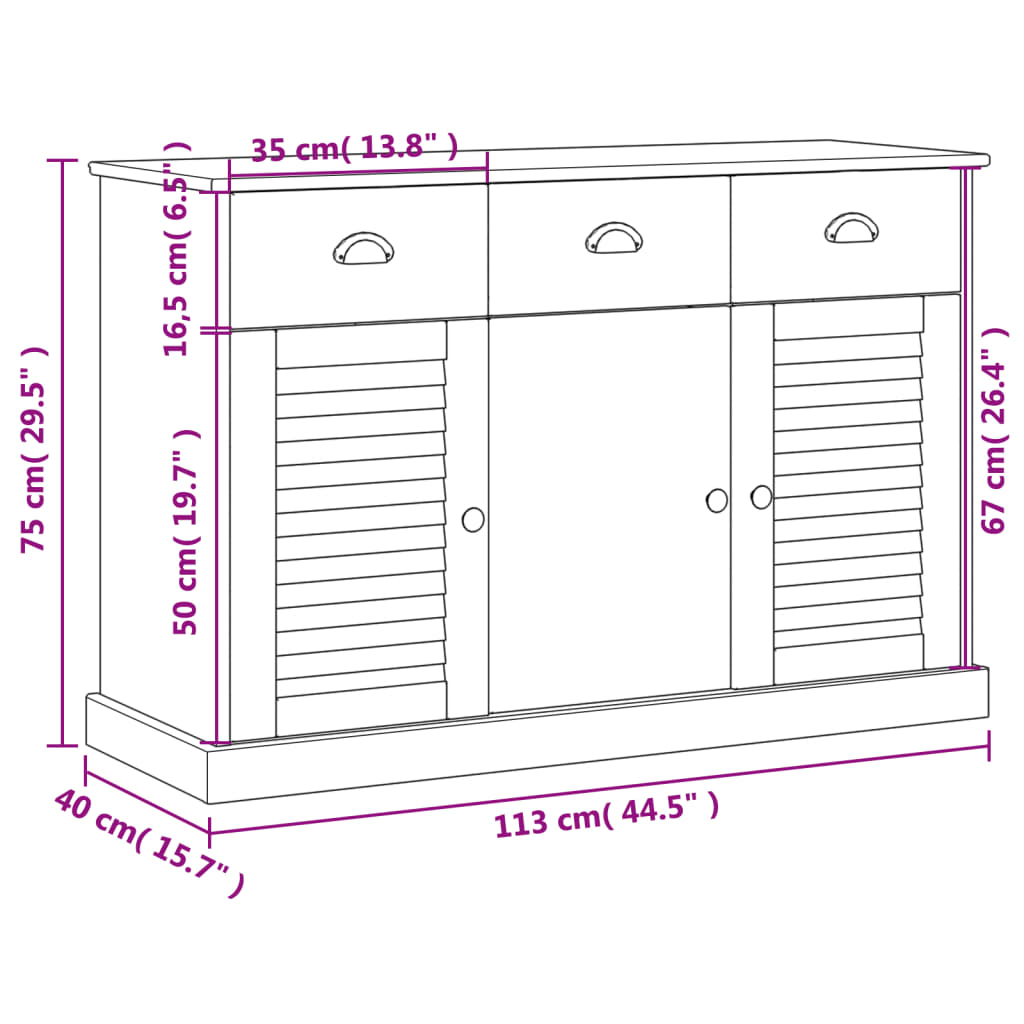 Buffet avec tiroirs VIGO 113x40x75 cm blanc bois massif de pin