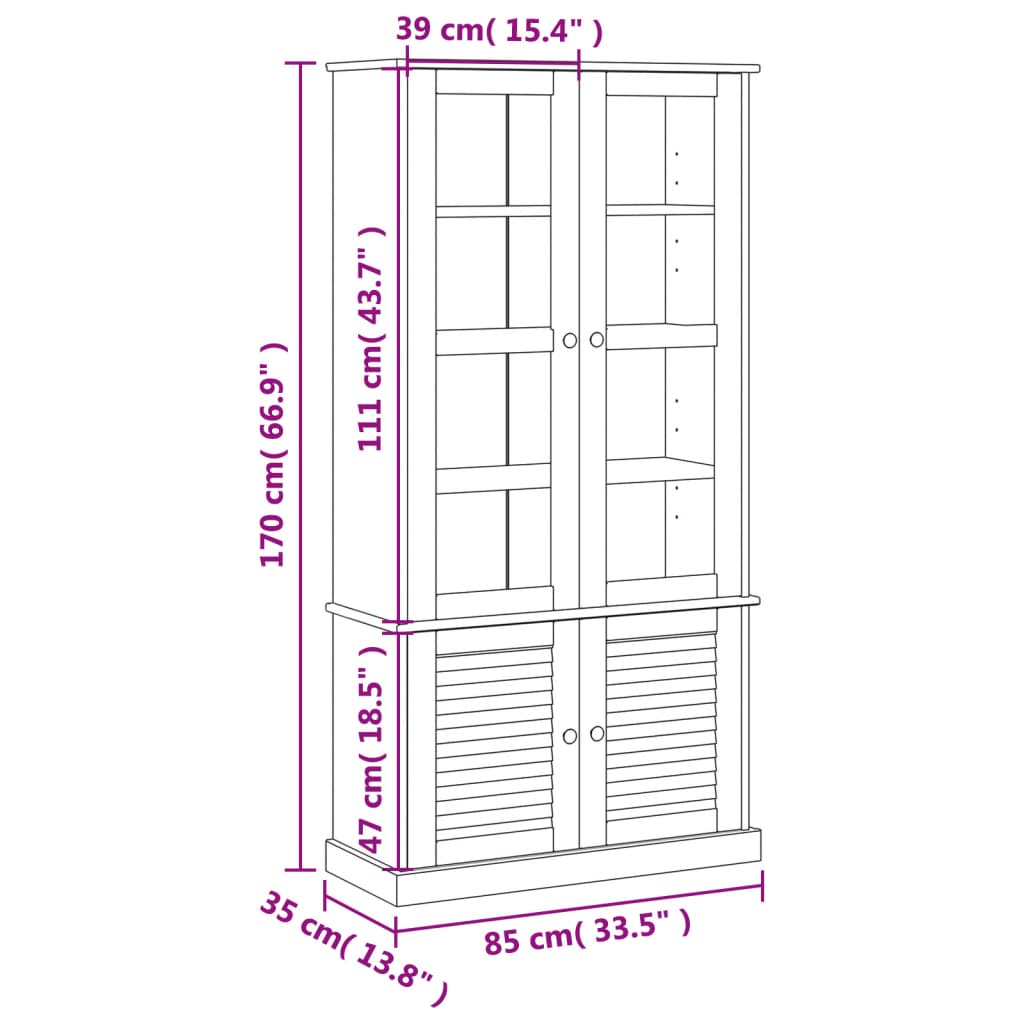 Vitrine en verre VIGO gris 85x35x170 cm bois massif de pin