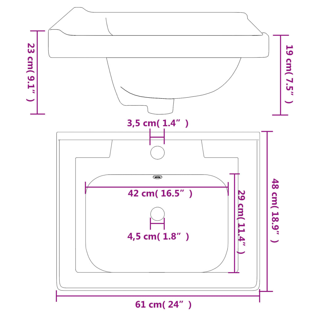 Évier de salle de bain blanc 61x48x23cm rectangulaire céramique