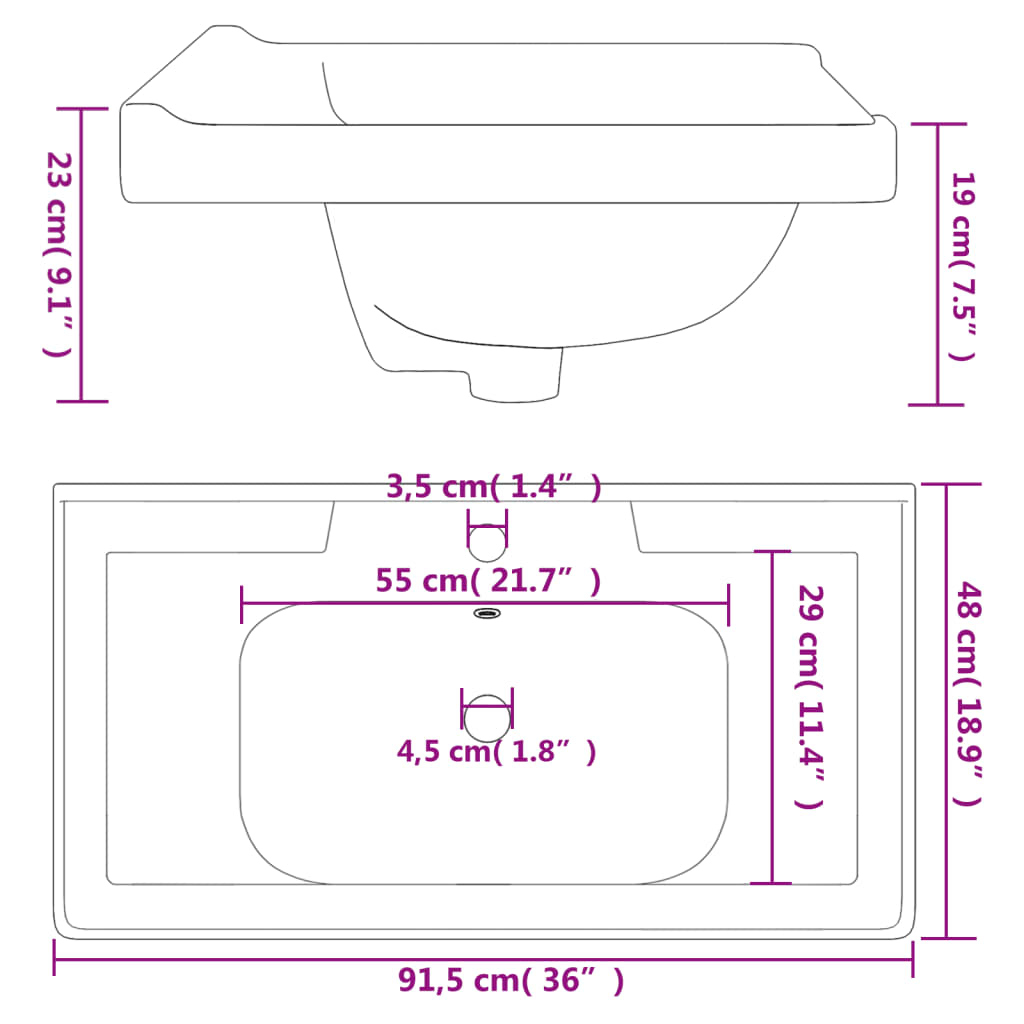 Évier salle de bain blanc 91,5x48x23 cm rectangulaire céramique