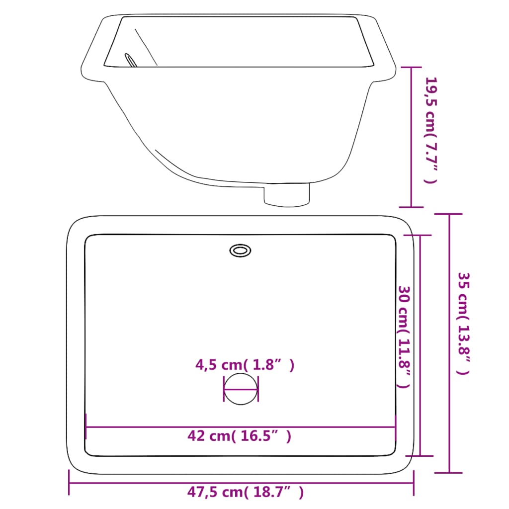 Évier de salle de bain blanc rectangulaire céramique