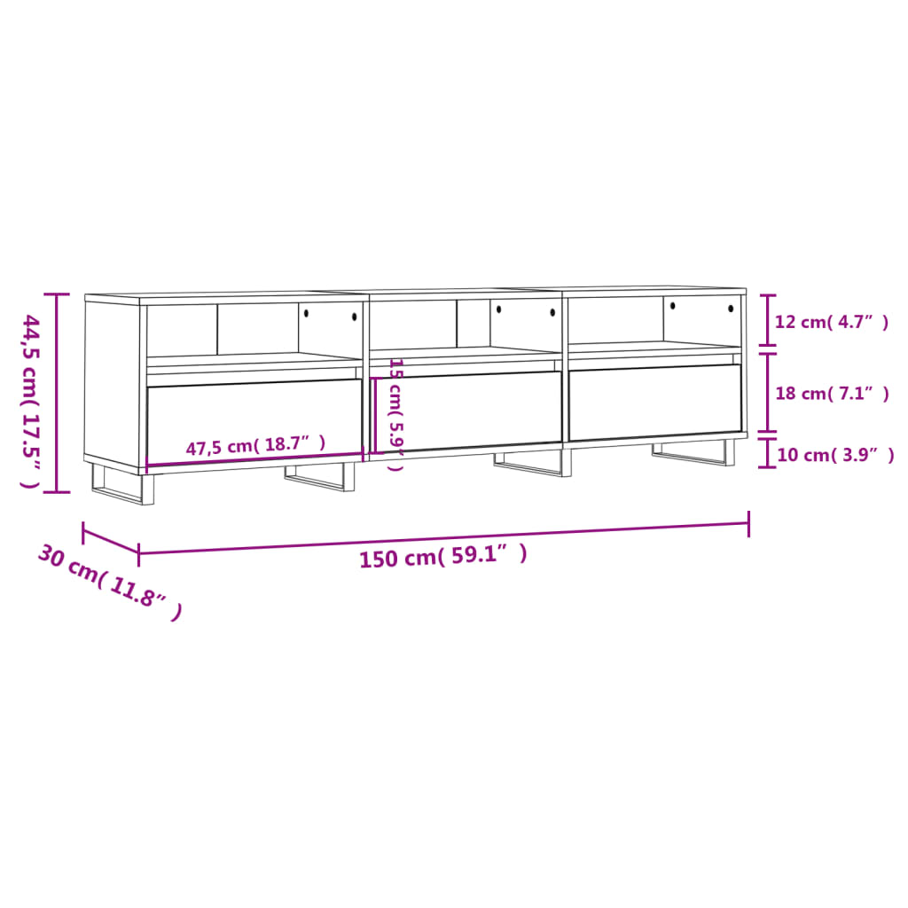 Meuble TV chêne marron 150x30x44,5 cm bois d'ingénierie