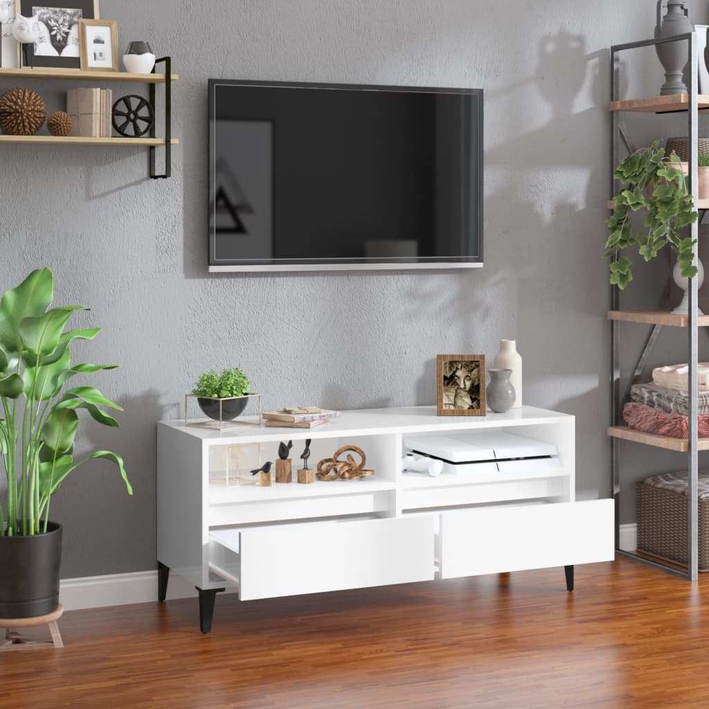 Meuble TV blanc brillant 100x34,5x44,5 cm bois d'ingénierie