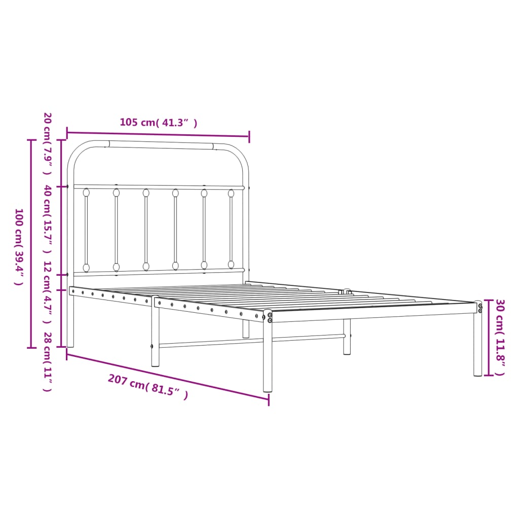 Cadre de lit métal sans matelas avec tête de lit noir 100x200cm