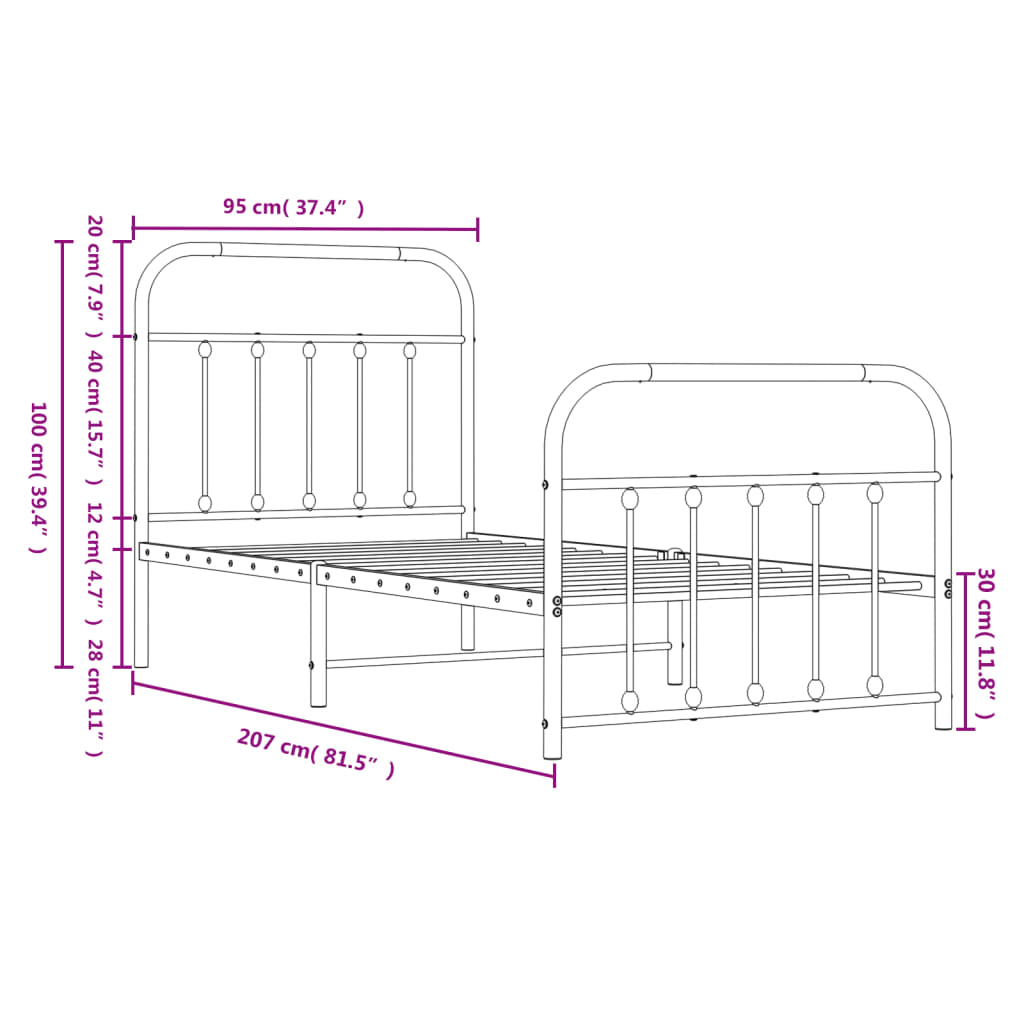 Cadre de lit métal sans matelas avec pied de lit noir 90x200 cm