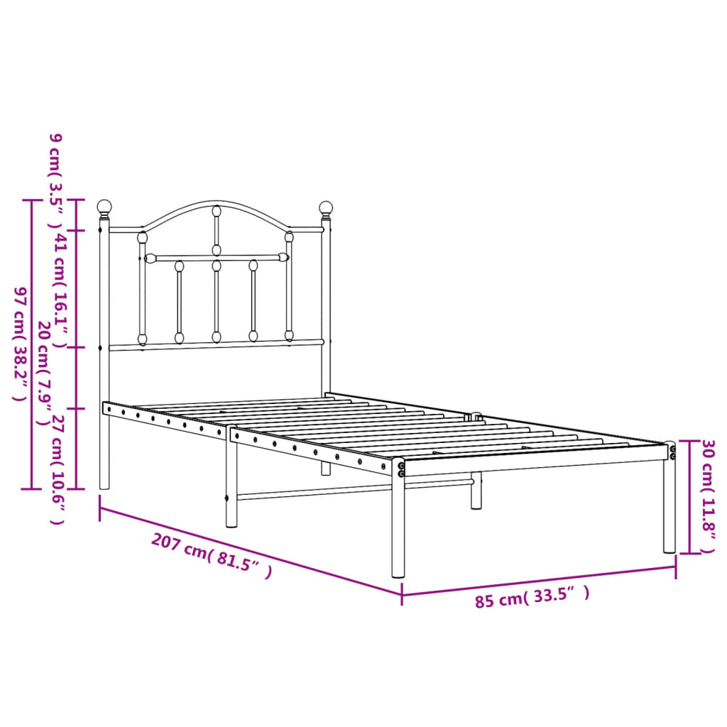 Cadre de lit métal sans matelas avec tête de lit noir 80x200 cm