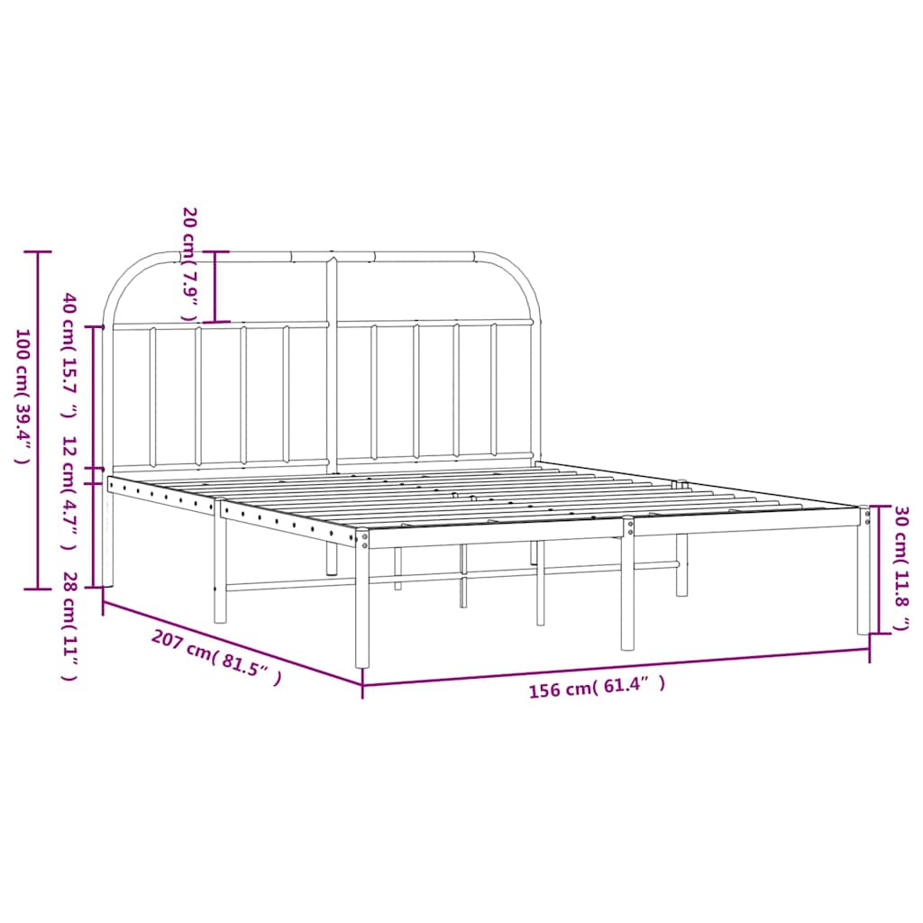 Cadre de lit métal sans matelas avec tête de lit noir 150x200cm