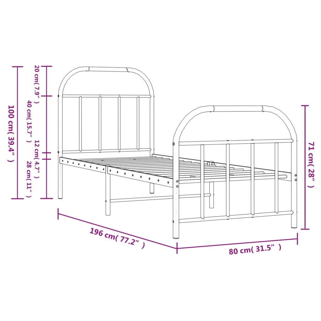 Cadre de lit métal sans matelas avec pied de lit noir 75x190 cm