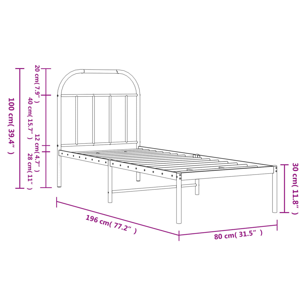 Cadre de lit métal sans matelas avec tête de lit blanc 75x190cm