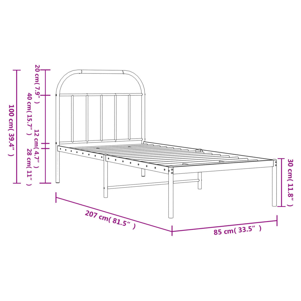 Cadre de lit métal sans matelas avec tête de lit blanc 80x200cm