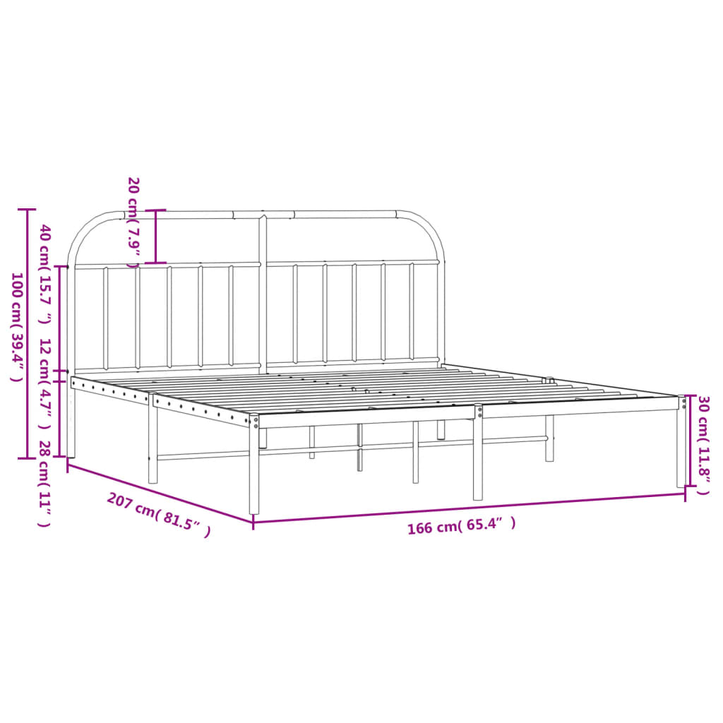 Metal bed frame without mattress and white headboard 160x200 cm