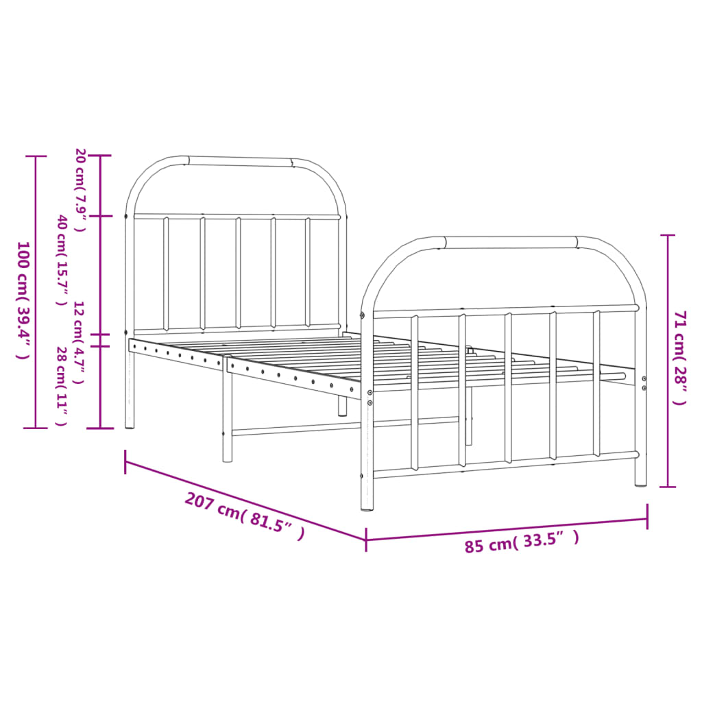 Cadre de lit métal sans matelas avec pied de lit blanc 80x200cm