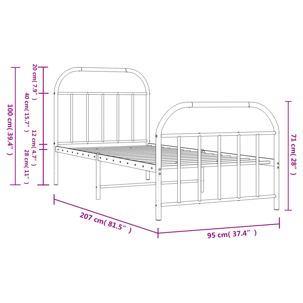 Cadre de lit métal sans matelas avec pied de lit blanc 90x200cm