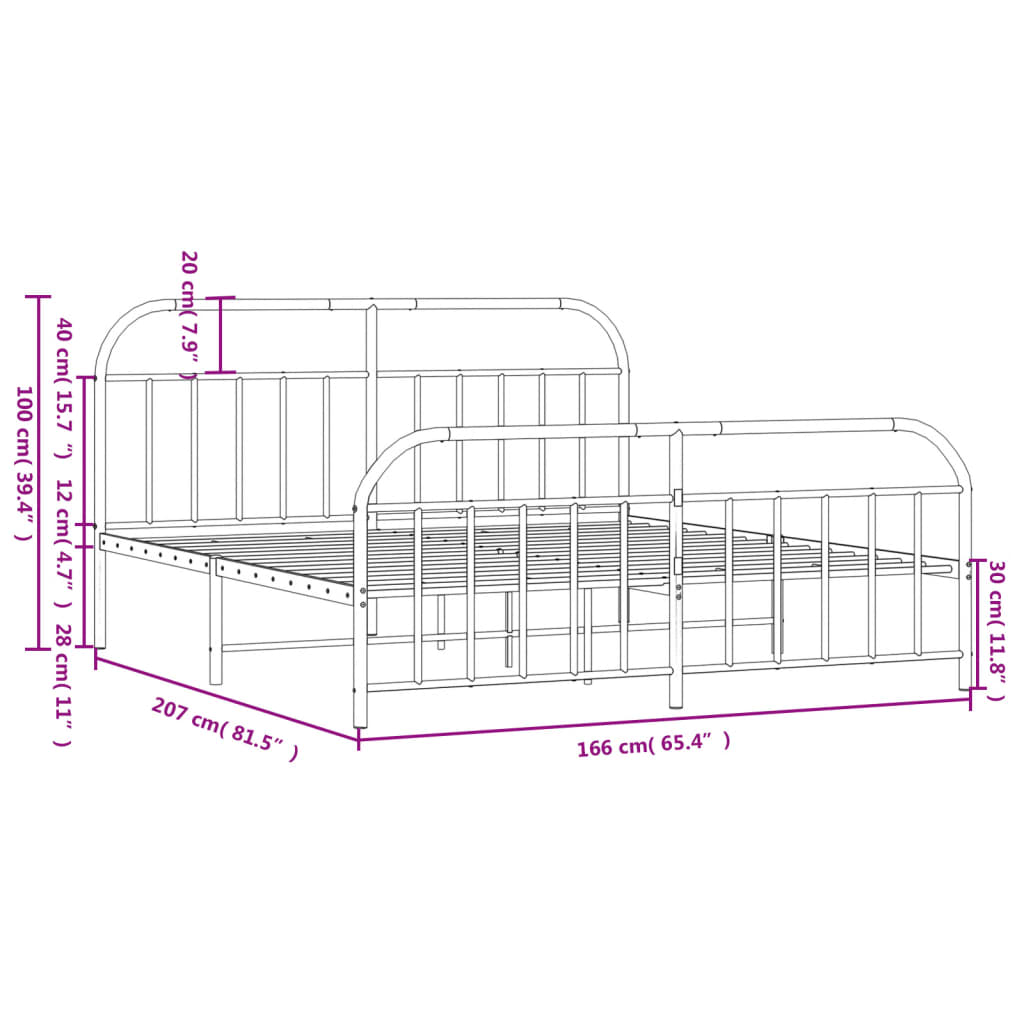 Metal bed frame without mattress and white footboard 160x200 cm