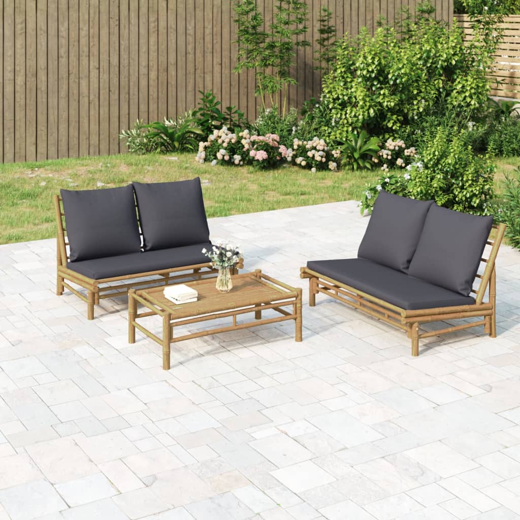 Banc de jardin avec coussins gris foncé bambou