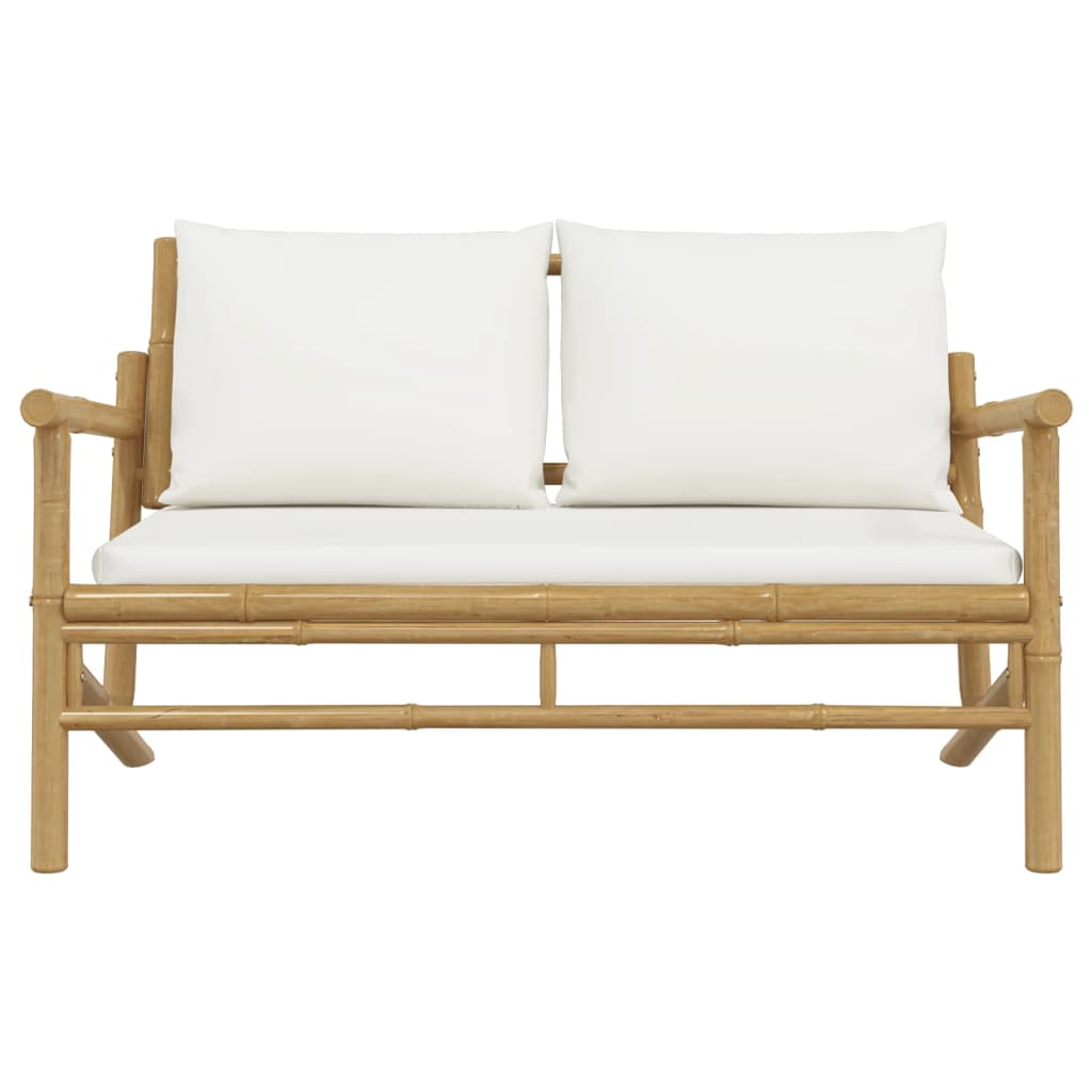 Banc de jardin avec coussins blanc crème bambou