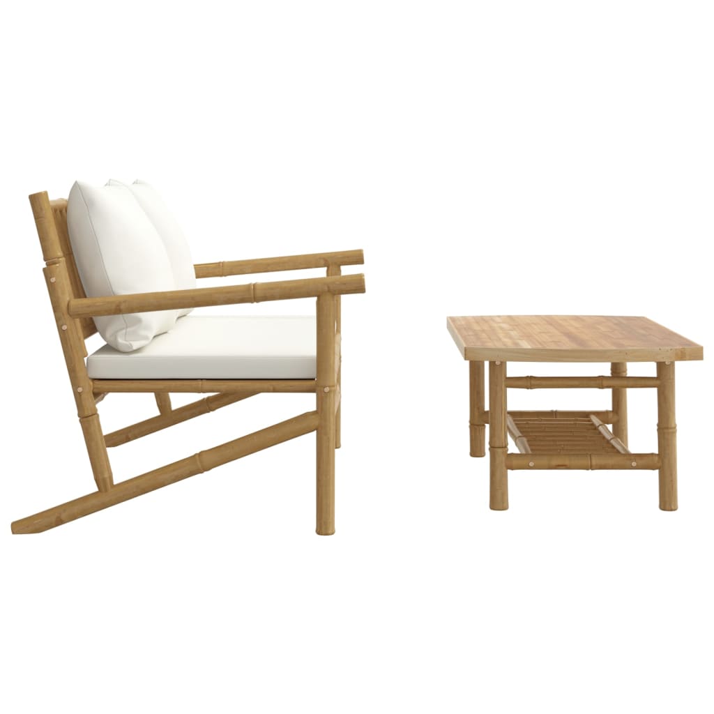 Salon de jardin 2 pcs avec coussins blanc crème bambou