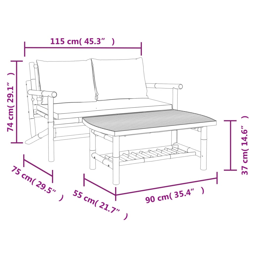 Salon de jardin 2 pcs avec coussins blanc crème bambou