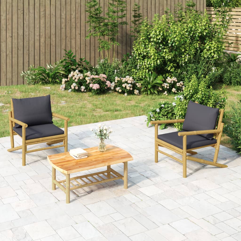 Chaises de jardin lot de 2 avec coussins gris foncé bambou