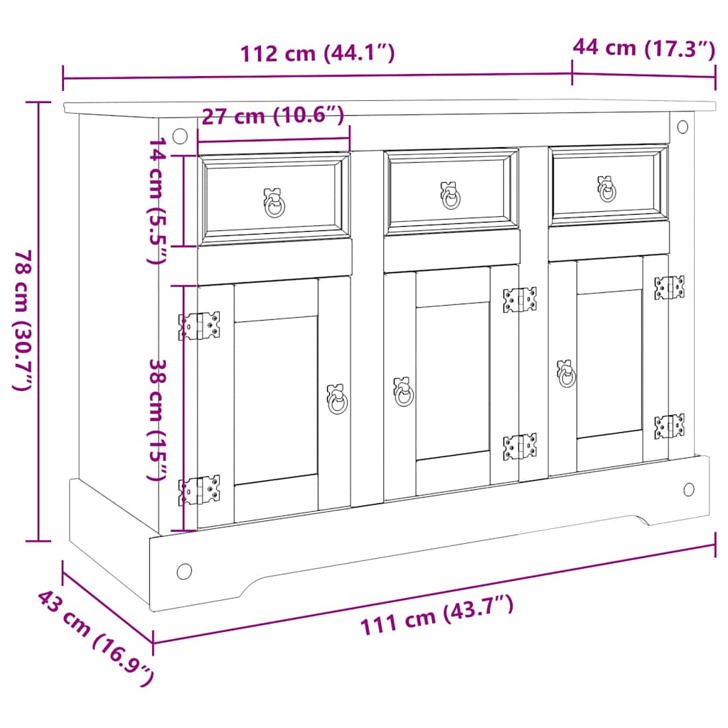 Corona brown sideboard 112x43x78 cm solid Mexican pine wood