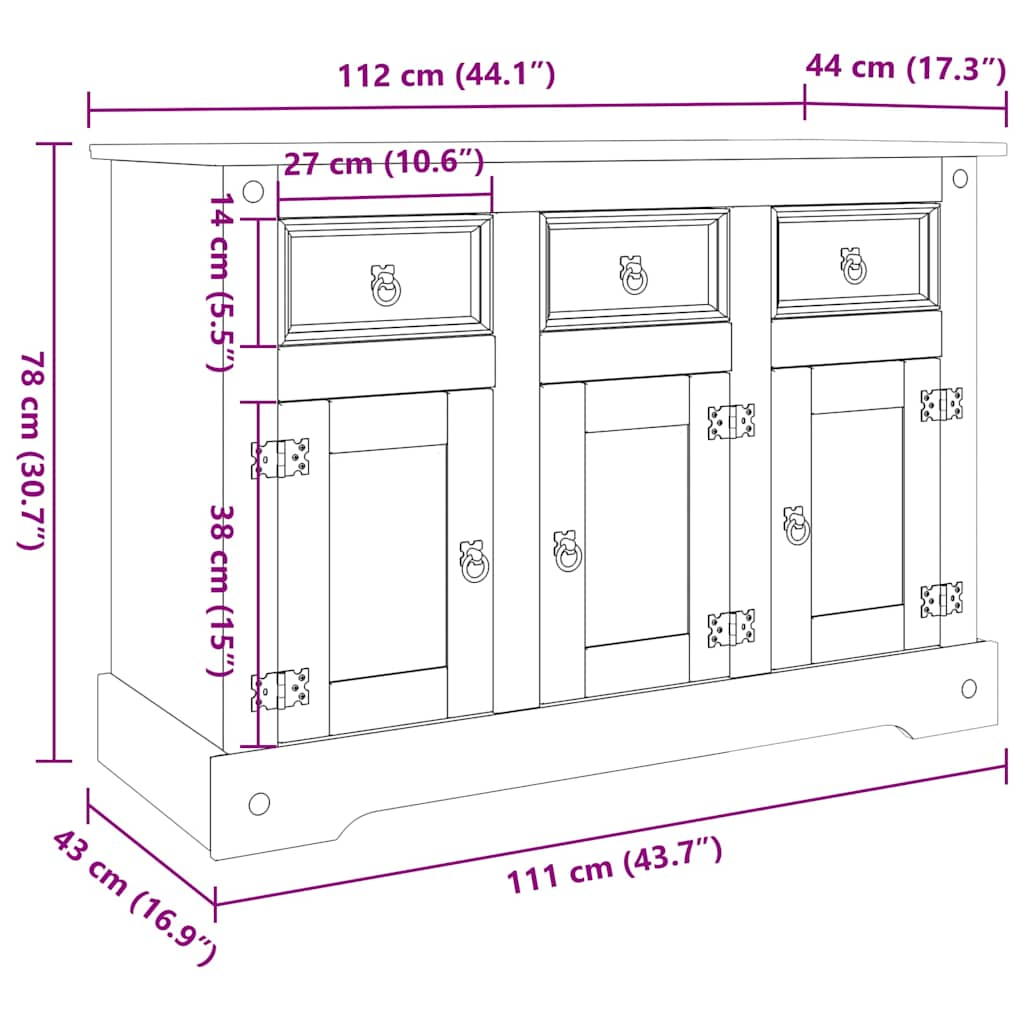 Buffet Corona gris 112x43x78 cm bois massif pin mexicain