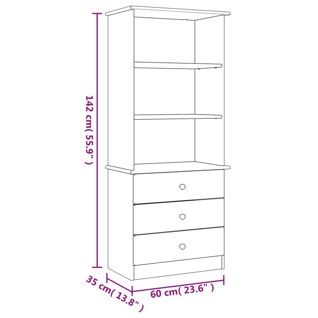 Bibliothèque et tiroirs ALTA blanc 60x35x142 cm bois massif pin