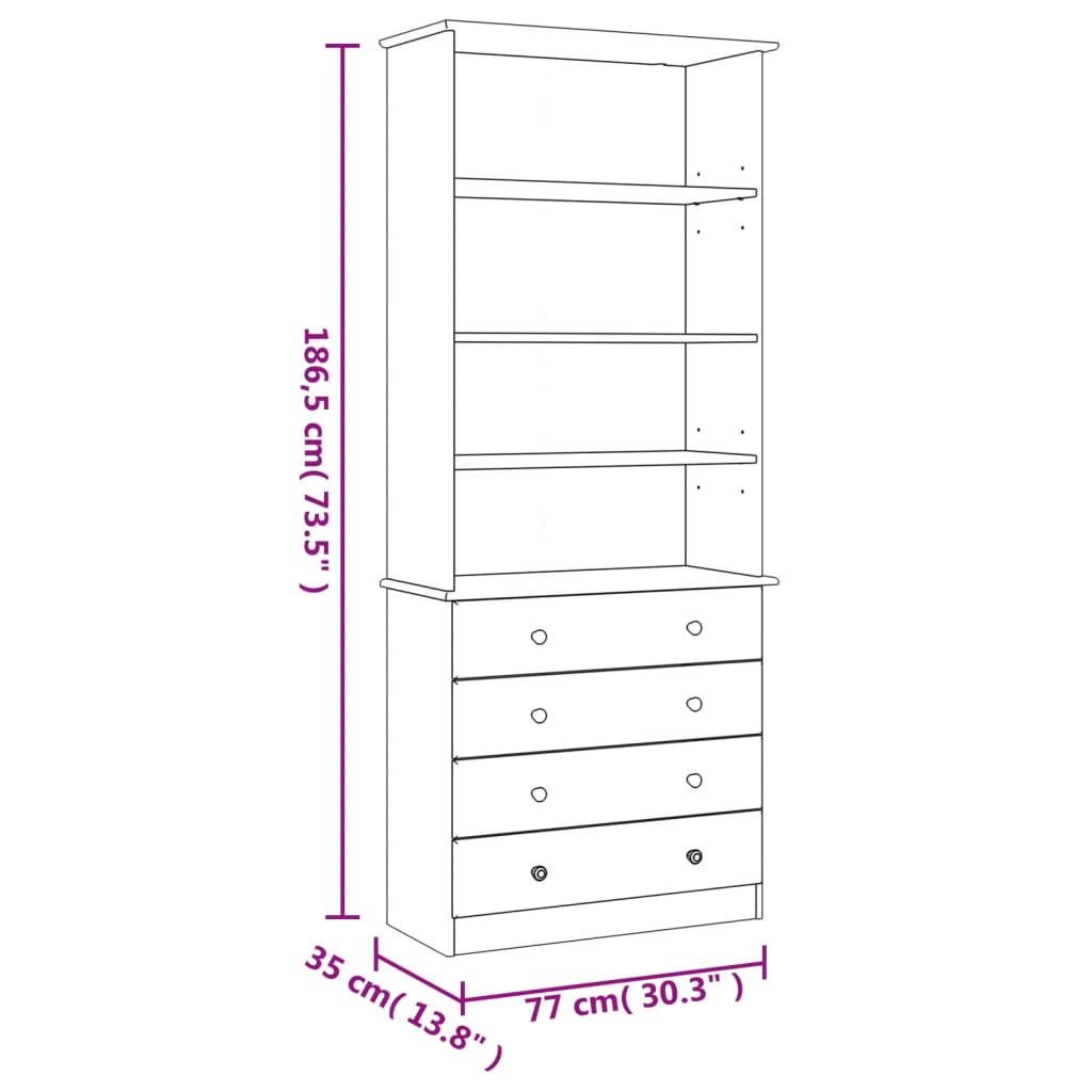 Bibliothèque avec tiroirs ALTA 77x35x186,5cm bois massif de pin