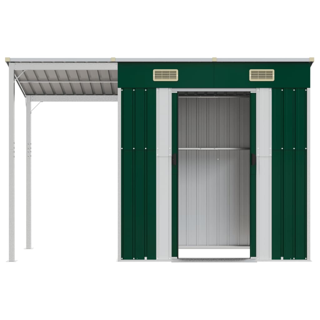 Abri de jardin avec toit prolongé vert 277x110,5x181 cm acier