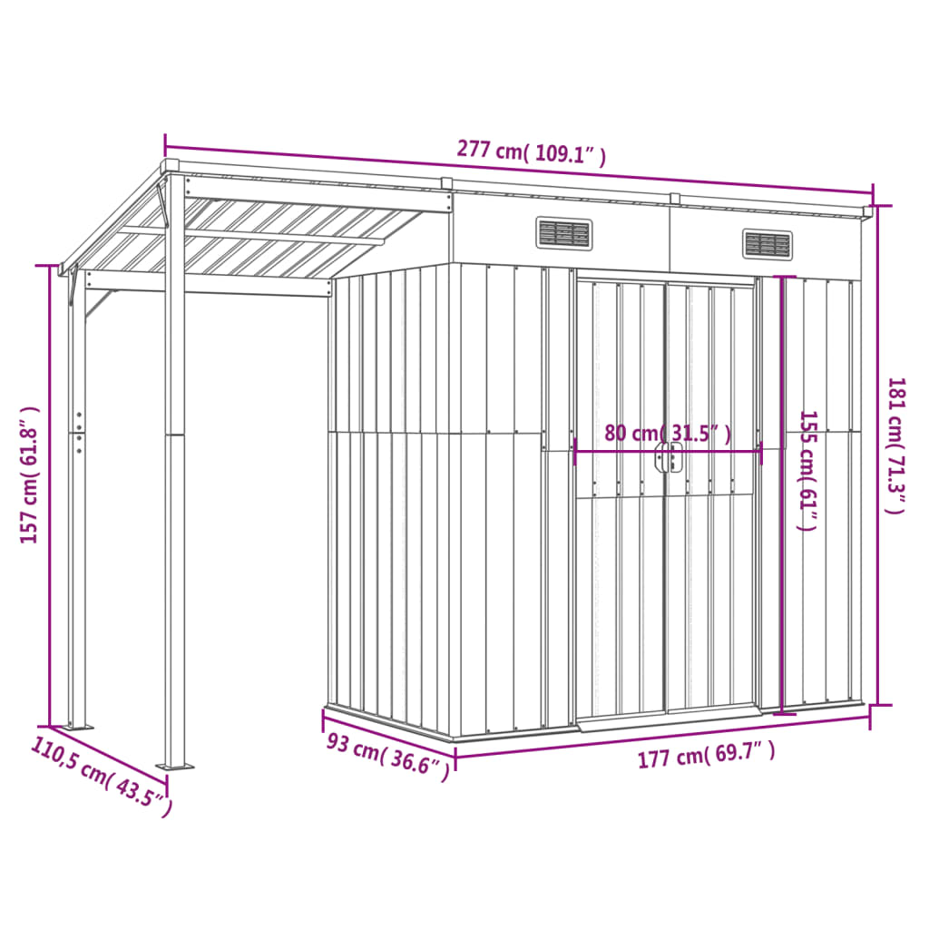 Abri de jardin avec toit prolongé gris clair 277x110,5x181 cm