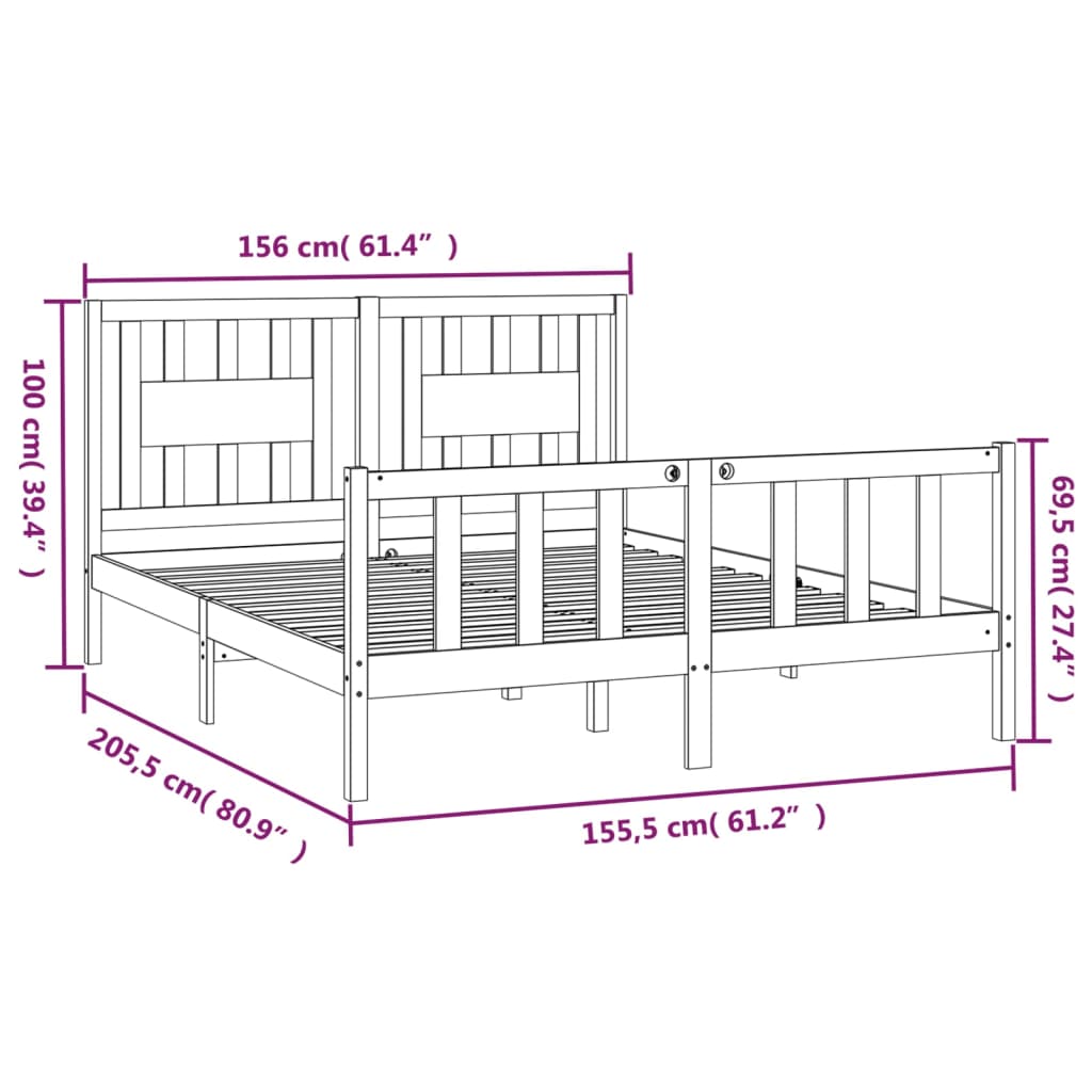 Cadre de lit sans matelas gris bois de pin massif