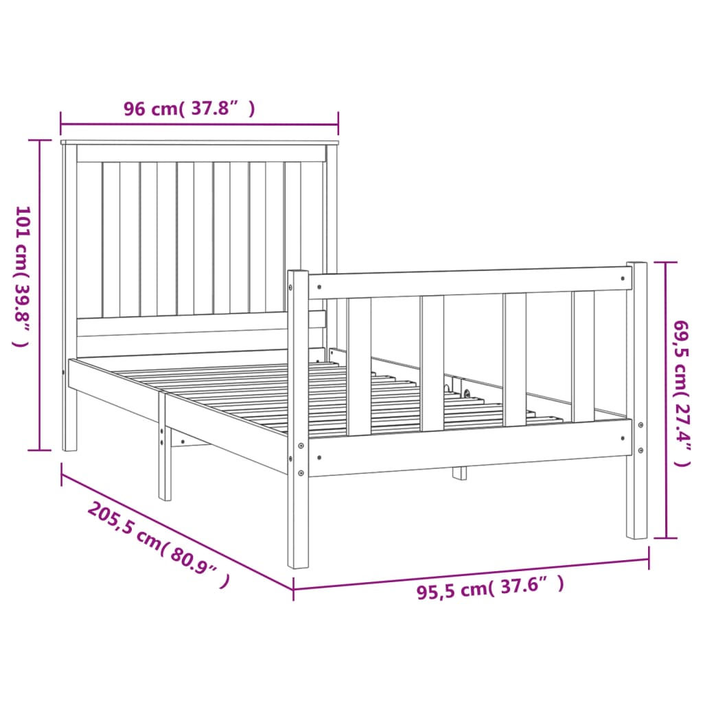 Cadre de lit sans matelas noir 90x200 cm bois de pin massif