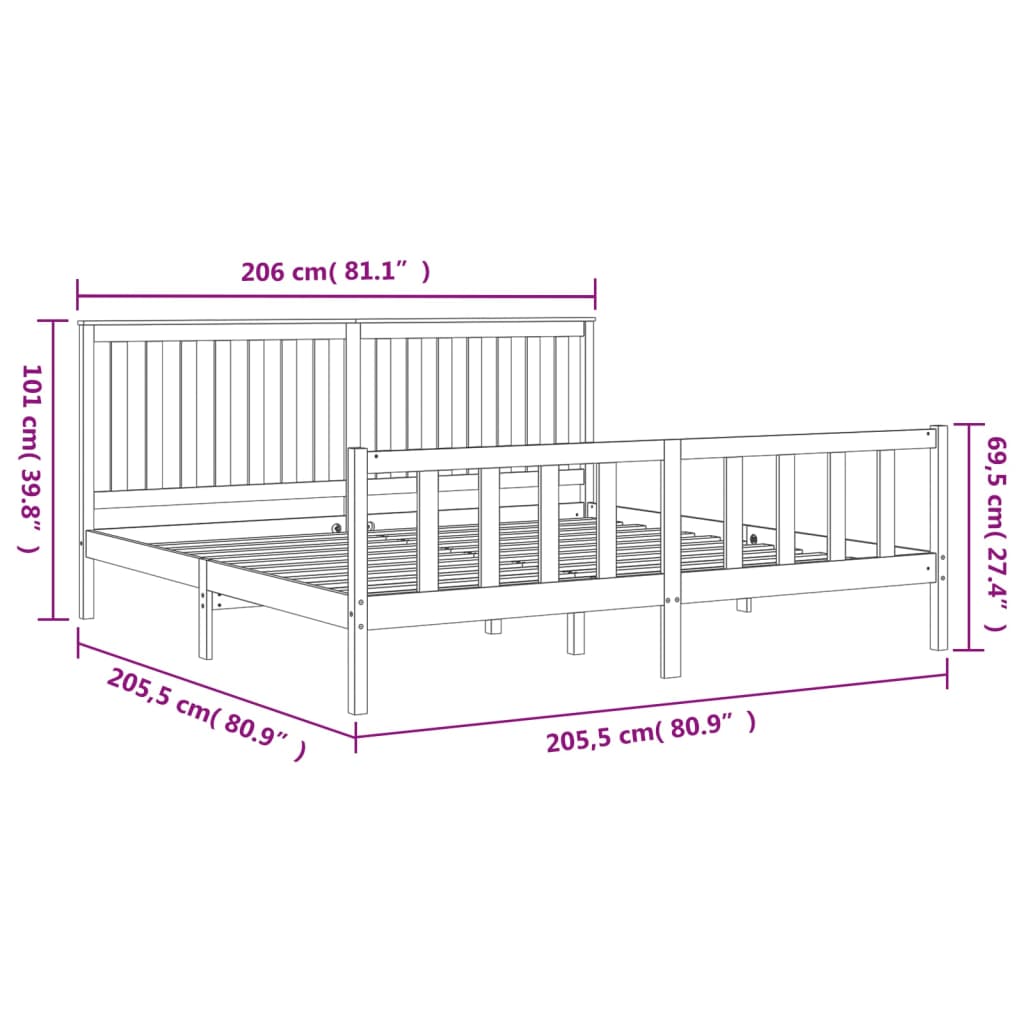 Cadre de lit sans matelas noir 200x200 cm bois massif de pin