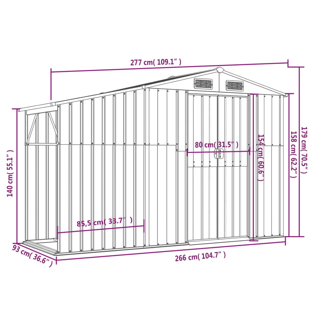 Abri de jardin anthracite 277x93x179 cm acier galvanisé