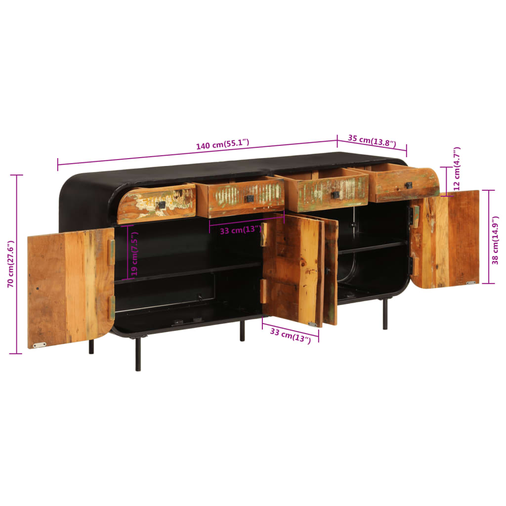 Buffet 140x35x70 cm bois massif de récupération et métal