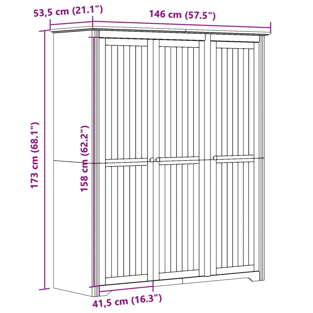 Garde-robe BODO blanc 146x53,5x173 cm bois massif de pin