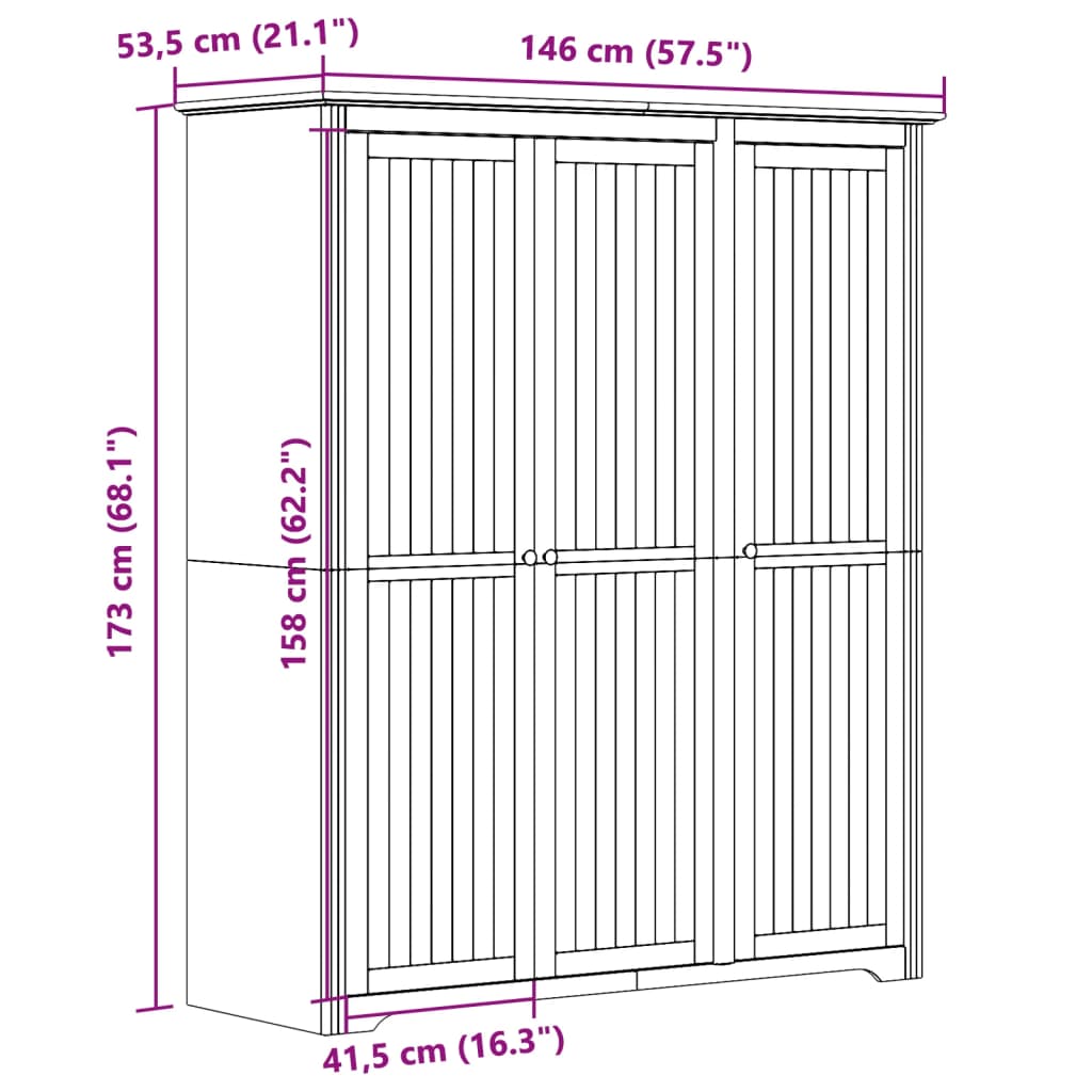 Garde-robe BODO blanc marron 146x53,5x173 cm bois massif de pin