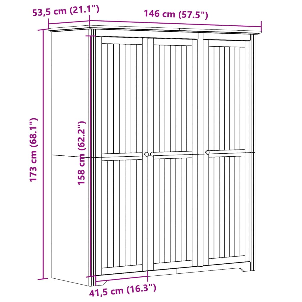 Garde-robe BODO gris 146x53,5x173 cm bois massif de pin