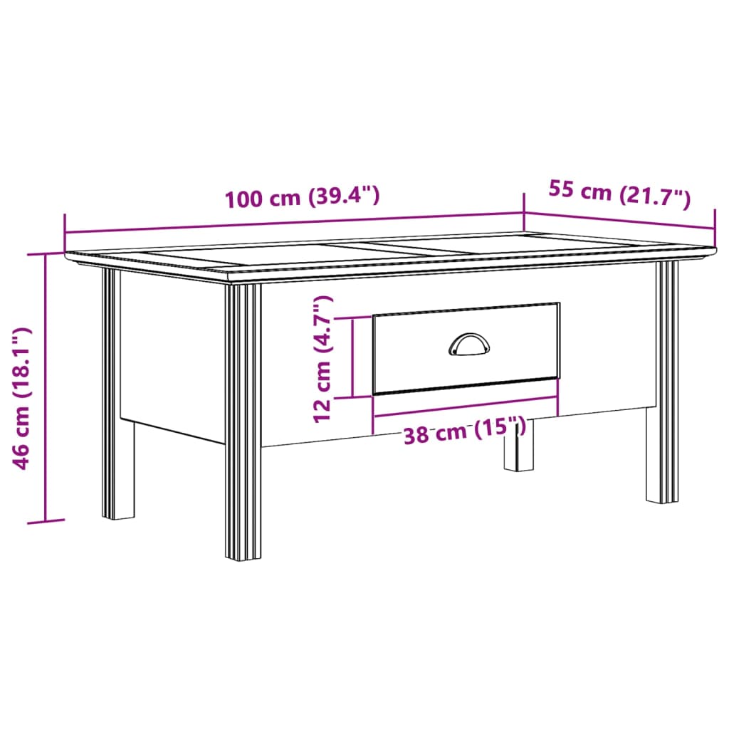 Table basse BODO blanc et marron 100x55x46cm bois de pin massif