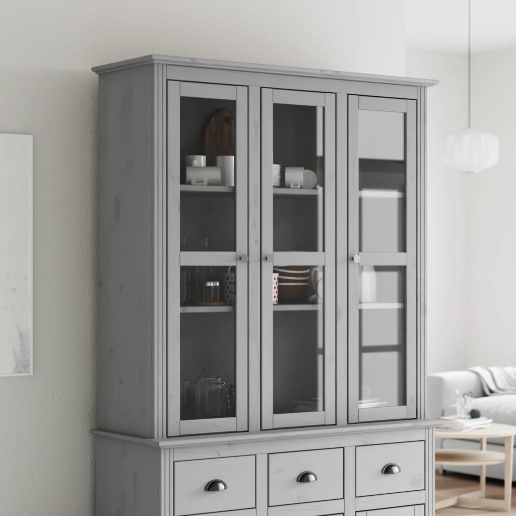 BODO grey solid pine wood wardrobe with glass doors